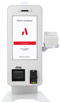 Касса самообслуживания АТОЛ КСО 3215 Pro чёрн (21,5",miniPC:N100, SSD, 8/128GB), без Wi-Fi, без ОС, Mindeo, Ind.light, Кр.пин-пад., Кр.ФР.,УЗО,Розетка